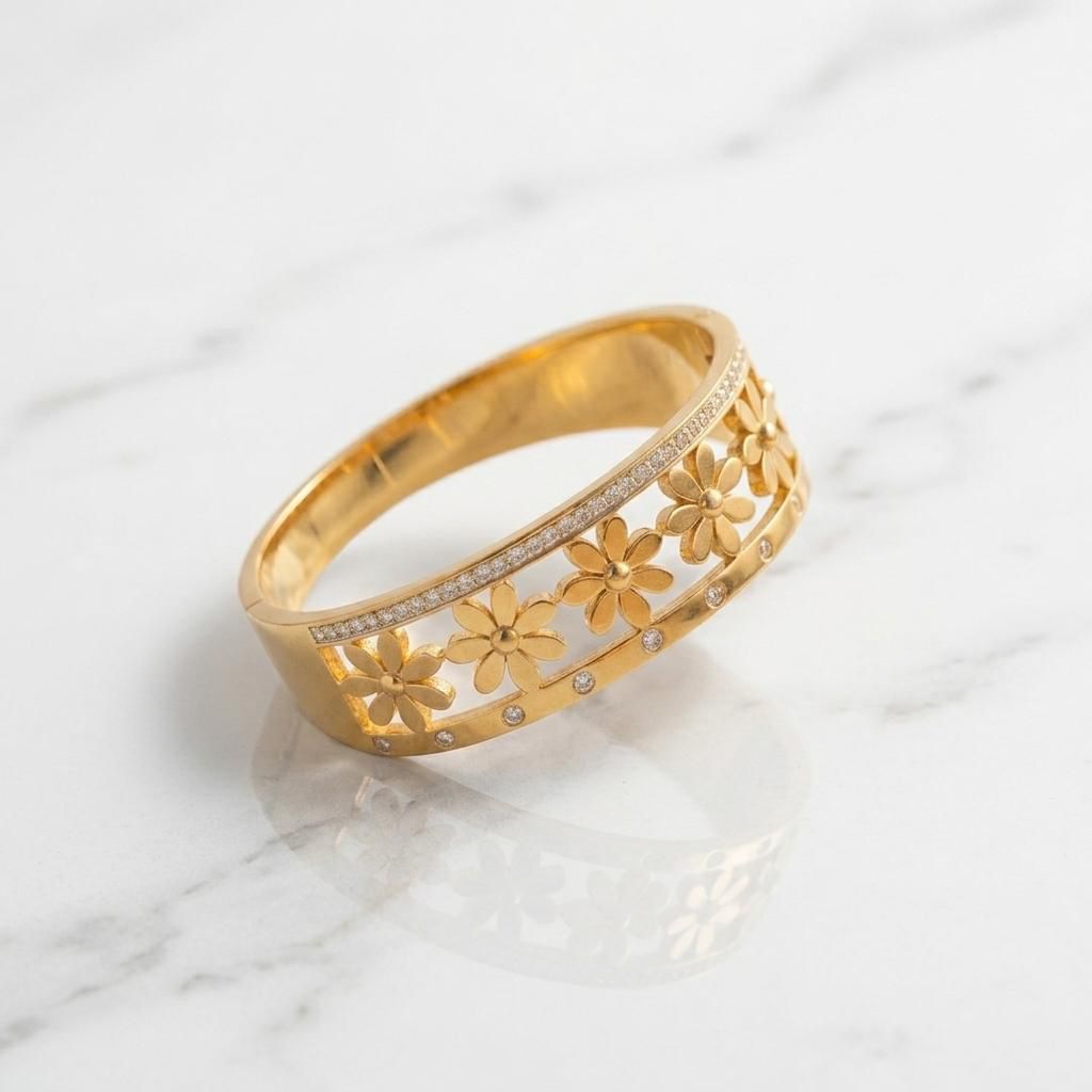 18K Rose Gold Plated Floral Cuff Bangle – Anti-Tarnish Stainless Steel with Diamond Studded Flower