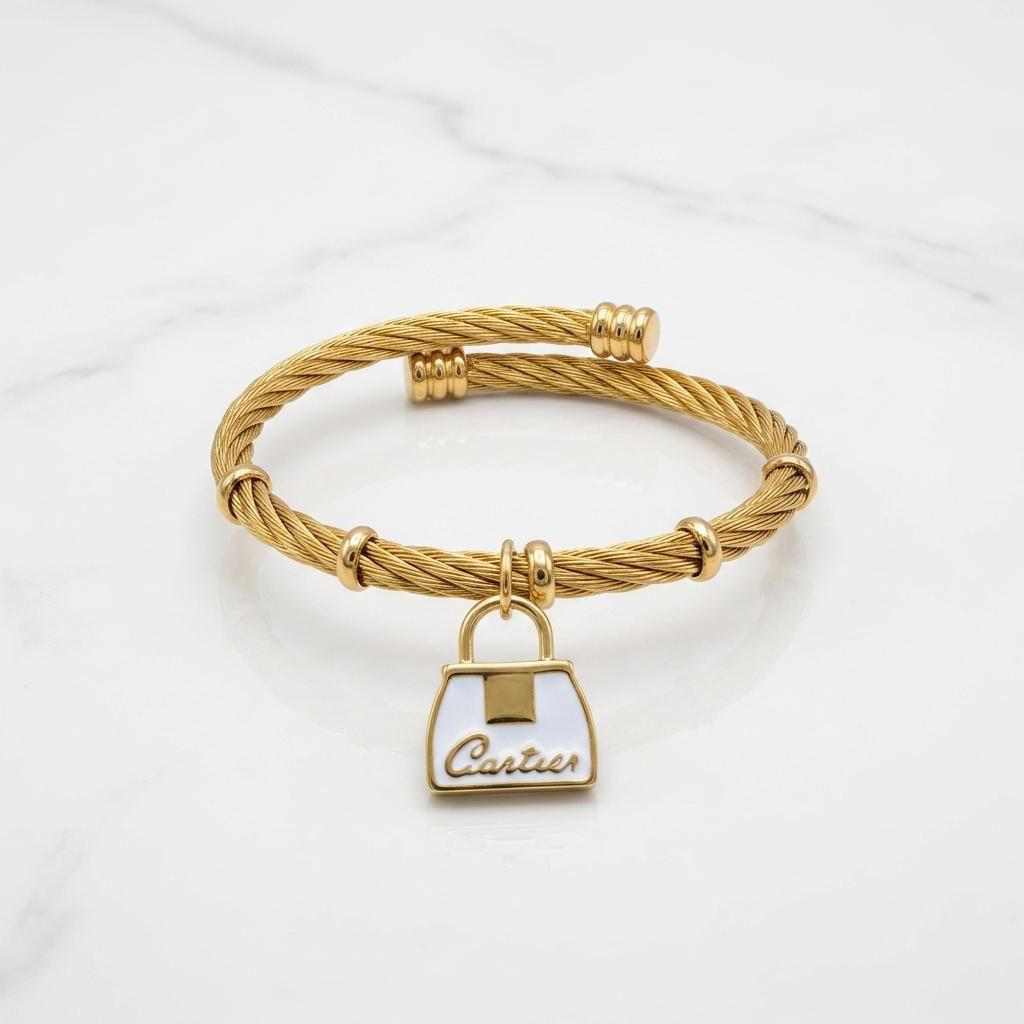 18K Gold Plated Cuff Bangle – Anti-Tarnish Stainless Steel Bracelet with White Enamel Handbag Charm