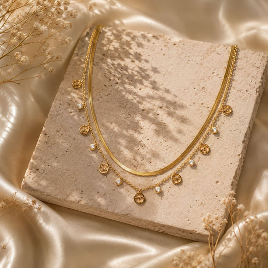 18K Gold Plated Layered Charm Necklace – Anti-Tarnish Stainless Steel with Zircon Dangling Charms