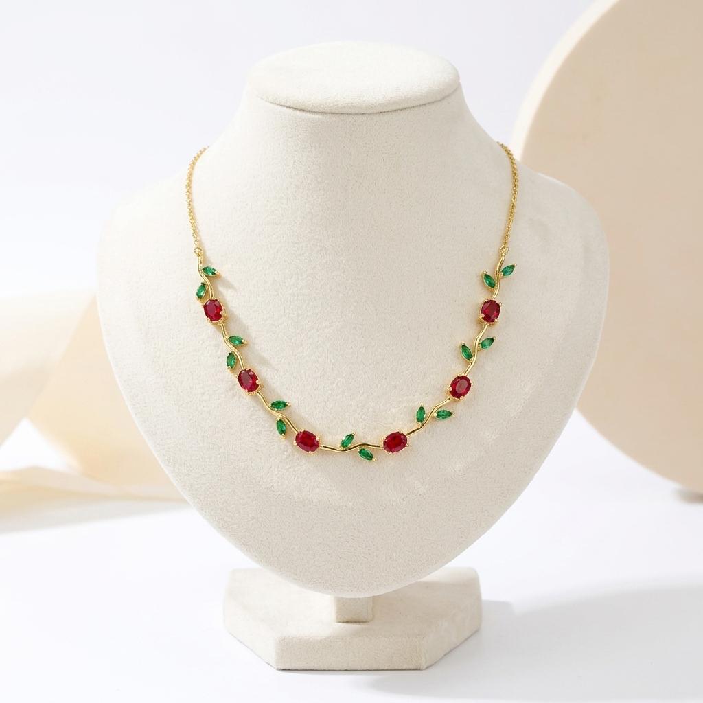 Tulip Pendant Necklace for Women – 18K Gold Plated Anti-Tarnish Stainless Steel Floral Necklace with Red & Green Stones