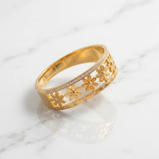 18K Rose Gold Plated Floral Cuff Bangle – Anti-Tarnish Stainless Steel with Diamond Studded Flower