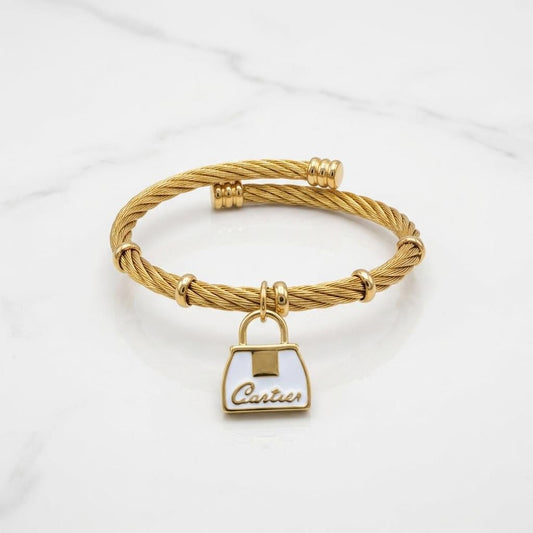 18K Gold Plated Cuff Bangle – Anti-Tarnish Stainless Steel Bracelet with White Enamel Handbag Charm