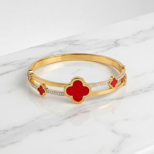 18 k gold platted anti turnish stainless steel red clover charm and crystal studded cuff bangle